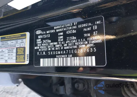 2014 Kia Optima Lx z USA, uszkodzony, nr VIN 5XXGM4A71EG287635